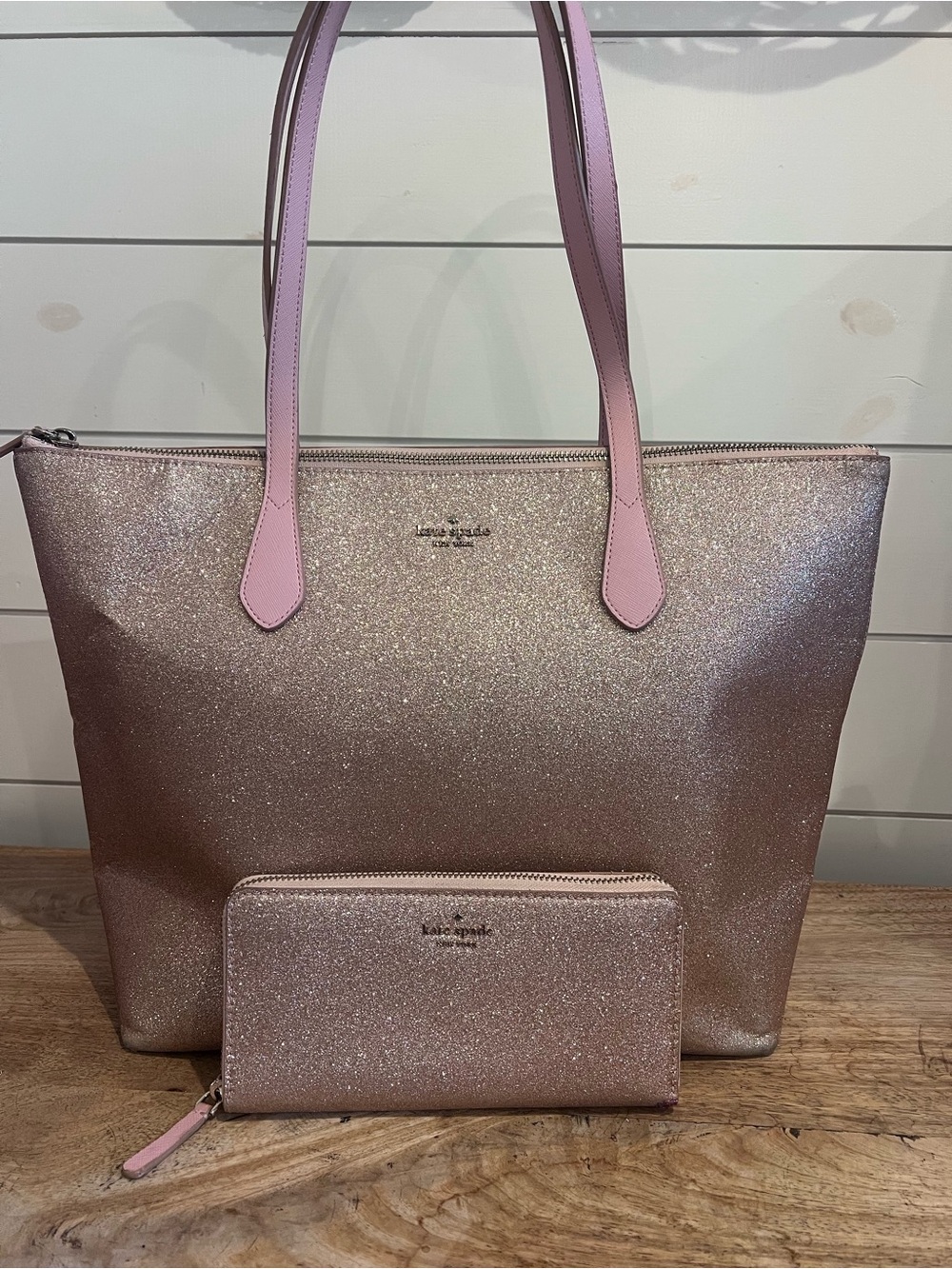 kate spade new york Glitter Rose Pink Large Zip Tote Bag w/ Wallet Set